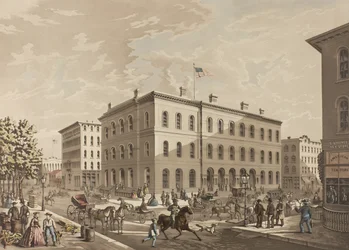 NW-Ecke der Dearborn- und Monroe-Straßen, Chicago, zeigt das Postgebäude im Jahr 1865