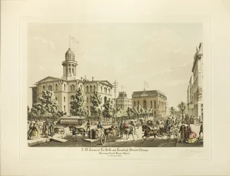 NW-Ecke von LaSalle und Randolph, Chicago, zeigt den Court House Square im Jahr 1864