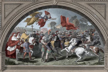 Darstellung von Papst Leo I. genannt der Große (390-461) gegen den Anführer der Hunnen Attila (ca. 395-453) im Jahr 452 in Mantua - Barbarische Invasionen - (Papst Leo I. der Große trifft den Hunnenkönig Attila im Jahr 452) (nach Raphael)