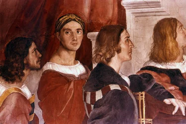 Detail von Raphael (Mitte, nach vorne blickend) aus der Messe von Bolsena. 1514. Fresko von Raphael (1483-1520)