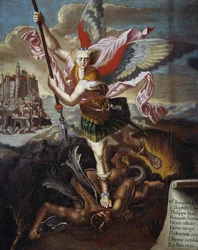 St. Michael und der Teufel, von Raphael Sanzio, Ex-Votiv von sechs Pilgern auf Pilgerfahrt nach Mont Saint-Michel