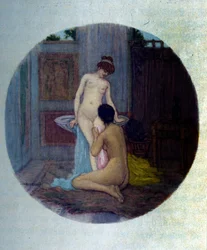 Frauentoilette in der griechischen Antike. Illustration aus "Aphrodite" von Pierre Louys, von Raphael Colin
