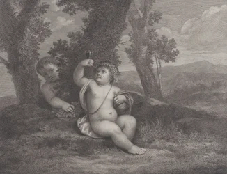 Der kleine Bacchus sitzt unter einem Baum und hält ein Weinglas hoch, mit einem weiteren Kind dahinter, 1780