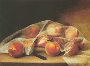 Fruchtstücke mit Pfirsichen, bedeckt von einem Taschentuch - Raphaelle Peale