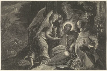Christus wird in Gethsemane von einem Engel, dem Heiligen Dominikus und der Heiligen Katharina von Siena getröstet