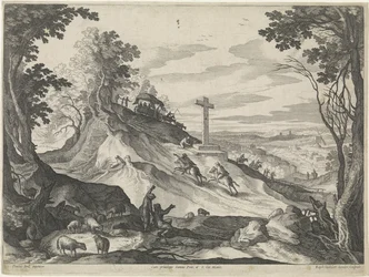 Landschaft mit einem Kreuz auf einem Hügel