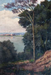Landschaft mit Fluss und Fabrik