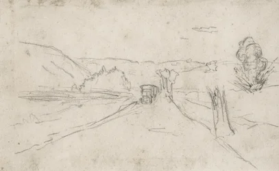 Straße mit Lastwagen und Explosionen auf einem Feld, ca. 1914-18