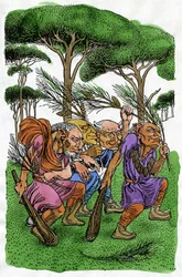 Fabeln: Eine Gruppe von Trollen führt einen rituellen Tanz im Wald auf, Illustration von Reginald L. Knowles für die norwegische Fabelsammlung "Norse Fairy Tales" von P.C. Asbjornsen und J.I. Moe
