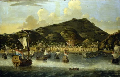 Niederländische Schiffe vor der Küste von Tripolis (Libyen), mit den befestigten Mauern des Hafens und der Stadt. Ölmalerei von Reinier Nooms (1623-1667)