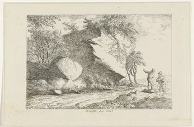 Landschaft mit zwei Figuren bei einem Felsen