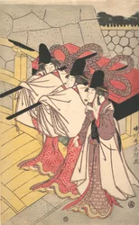 Prinz Genji kehrt zu seinem Palast zurück, wo seine Frau auf ihn wartet