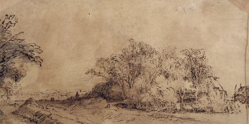 Ein holpriger Weg entlang des Deichs mit Bäumen, die ein Bauernhaus verbergen (Feder & Tinte mit Waschung auf Papier)