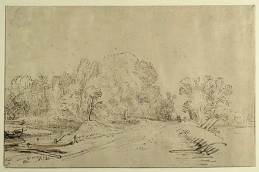 Kanal mit Booten, ein Deichweg und Bäume (Rohrfeder & Tinte mit Waschung auf Papier)