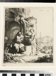 Christus und die Frau von Samaria unter Ruinen