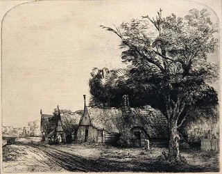 Landschaft mit drei Hütten
