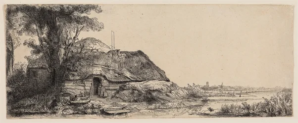 Landschaft mit Hütte und großem Baum