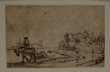 Ansicht auf die Amstel, mit einem Pferd, das einen Kahn zieht, um 1650