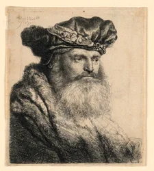 Ein bärtiger Mann mit einer Samtkappe mit Juwelenverschluss