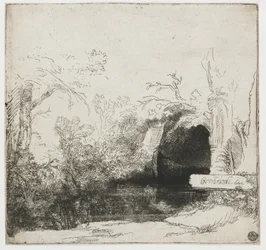 Ein Bach mit einer Grotte und einem Boot