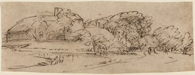 Landschaft mit Bauernhäusern zwischen Bäumen