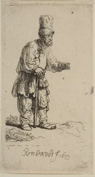 Ein Bauer mit hoher Mütze, der auf einem Stock lehnt, 1639