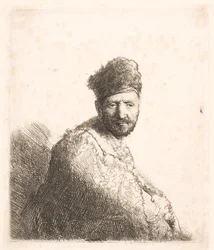 Bärtiger Mann (Rembrandts Vater?) in pelzbesetzter orientalischer Mütze und Robe: halbe Länge