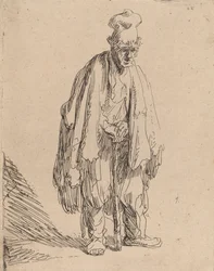 Bettler mit hohem Hut, stehend und auf einen Stock gestützt, um 1630