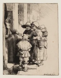 Bettler, die Almosen an der Tür eines Hauses empfangen