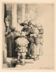 Bettler, die Almosen an der Tür eines Hauses erhalten