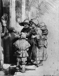 Bettler an der Türschwelle eines Hauses