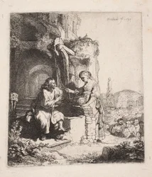 Christus und die Samariterin unter Ruinen (vertikaler Stich)