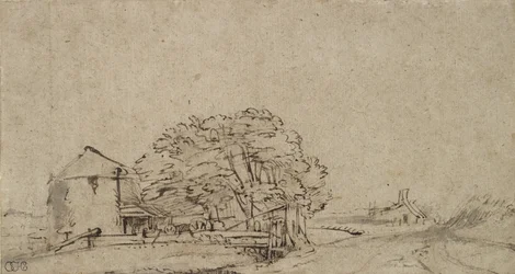 Bauernhofgebäude neben einer Straße mit entferntem Bauernhof, 1650-69