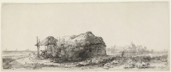 Landschaft mit Hütten und Heuscheune