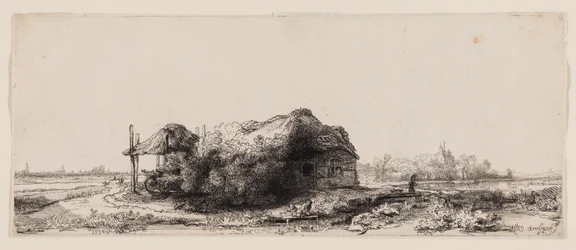 Landschaft mit Hütten und einer Heuscheune: Querformat