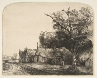 Landschaft mit drei Giebelhäusern an einer Straße, 1650