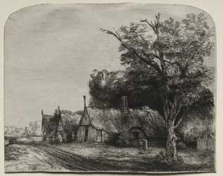 Landschaft mit drei giebelständigen Häusern an einer Straße, 1650