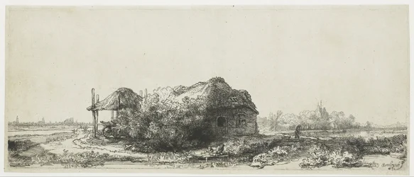 Landschaft mit einem Cottage und einer Heuscheune