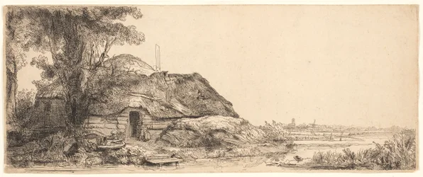 Landschaft mit einem Cottage und einem großen Baum