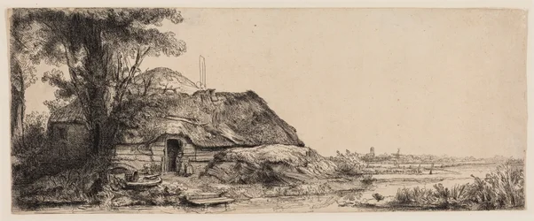 Landschaft mit einem Cottage und einem großen Baum