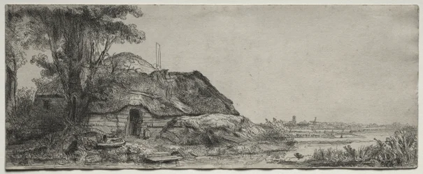 Landschaft mit einem Cottage und einem großen Baum