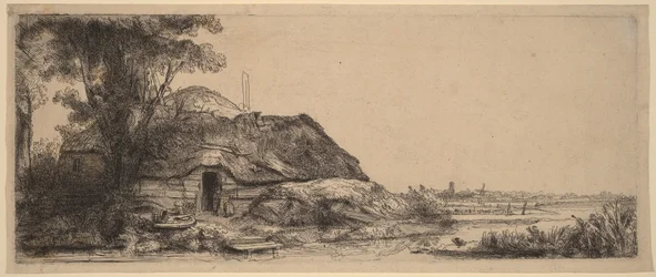Landschaft mit einem Cottage und einem großen Baum