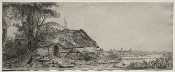 Landschaft mit einem Cottage und einem großen Baum