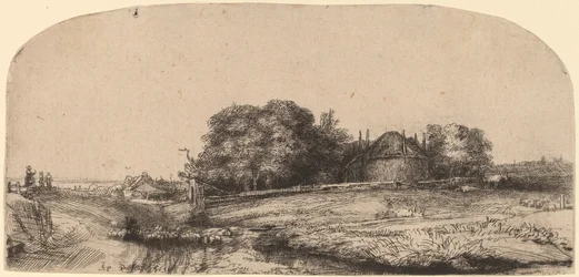 Landschaft mit einer Heuscheune und einer Schafherde