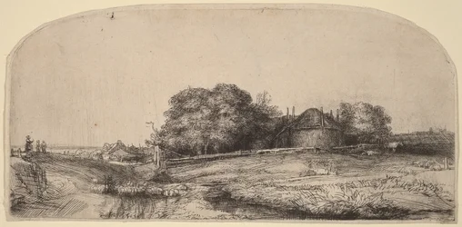 Landschaft mit Heuscheune und Schafherde