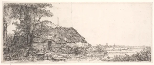 Landschaft mit einem Cottage und einem großen Baum