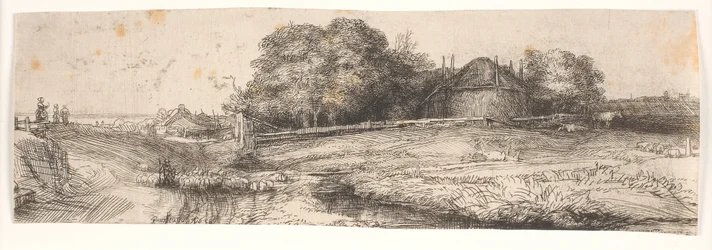 Landschaft mit Heuschober und Schafherde