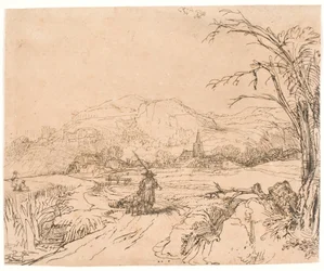 Landschaft mit einem Sportler und Hunden