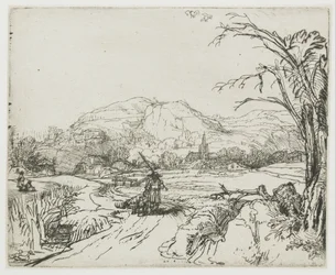 Landschaft mit Jäger und Hunden