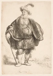 Mann in orientalischem Kostüm und gefiederter Pelzmütze